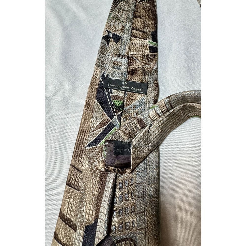 ERMENEGILDO ZEGNA Men's 100% Silk Necktie‎ ITALY Luxury Geometric Brown/Green